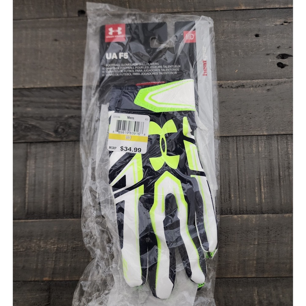 Under Armour UA F5 Football Gloves Mens M Black White Neon Heatgear 1271186-410